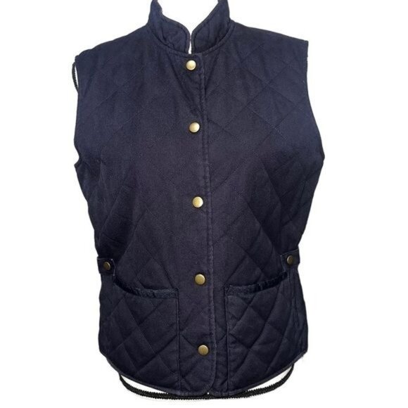 Reversible Quilted Gingham Print Solid Navy Womens Vest Snap Buttons Pockets S - Picture 1 of 12